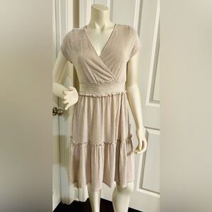 Caution to the Wind Casual Dress. Size Small. Tan & White vertical stripe dress